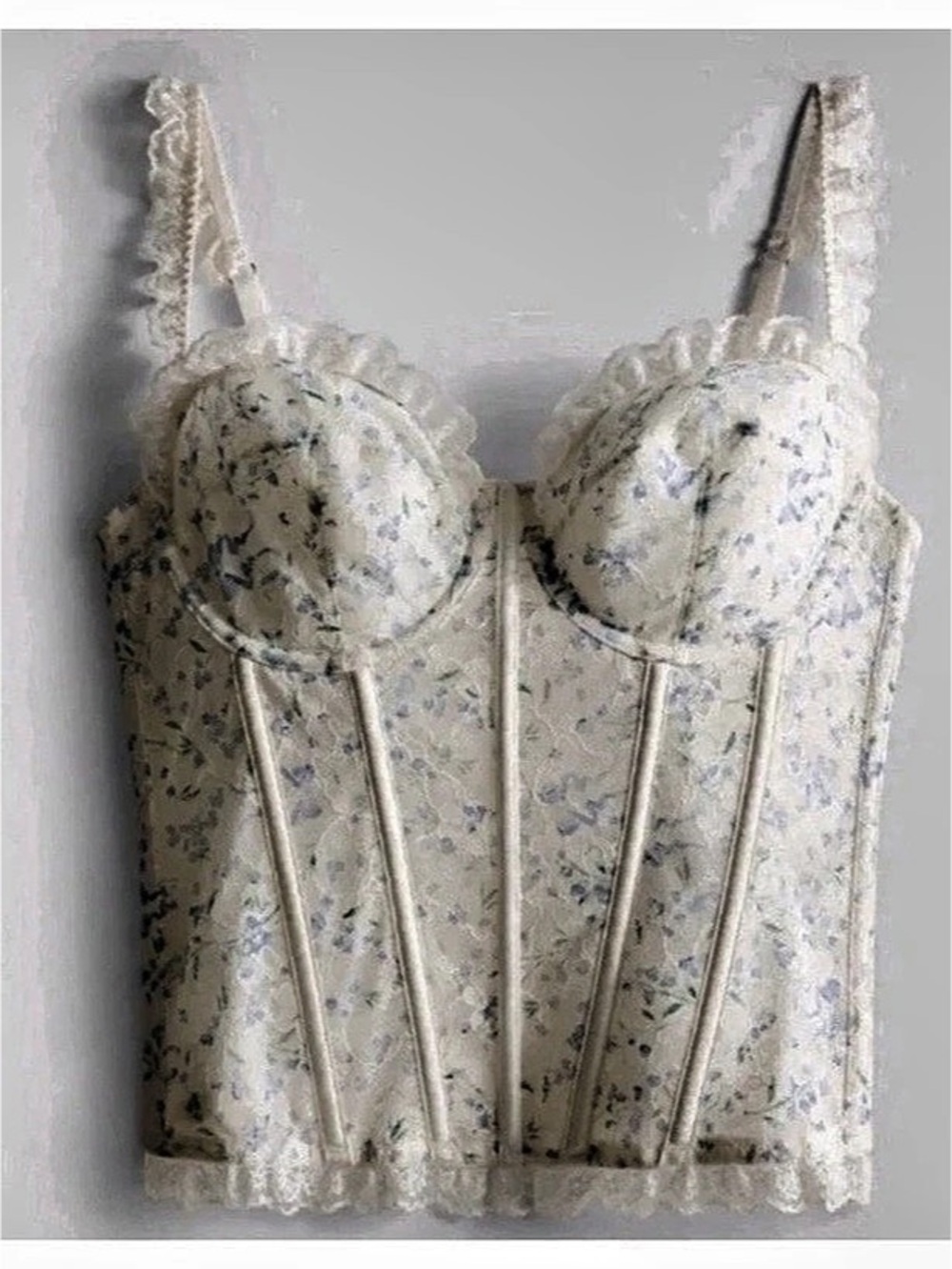 Bridgerton 36C Non Padded Frill Floral Corset Top Bra White Blue Flowers New